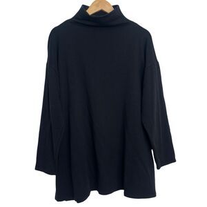 Eileen Fisher Brushed Terry Hug Funnel Neck Long Top Medium Black Modern Luxury
